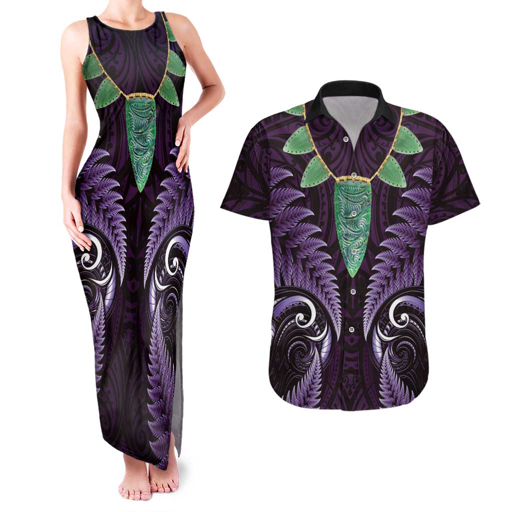 Aotearoa Pounamu Niho Couples Matching Tank Maxi Dress and Hawaiian Shirt Silver Fern Mix Maori Pattern - Purple LT14 Purple - Polynesian Pride
