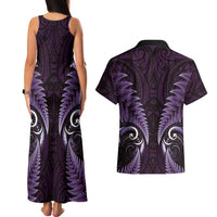 Aotearoa Pounamu Niho Couples Matching Tank Maxi Dress and Hawaiian Shirt Silver Fern Mix Maori Pattern - Purple LT14 - Polynesian Pride