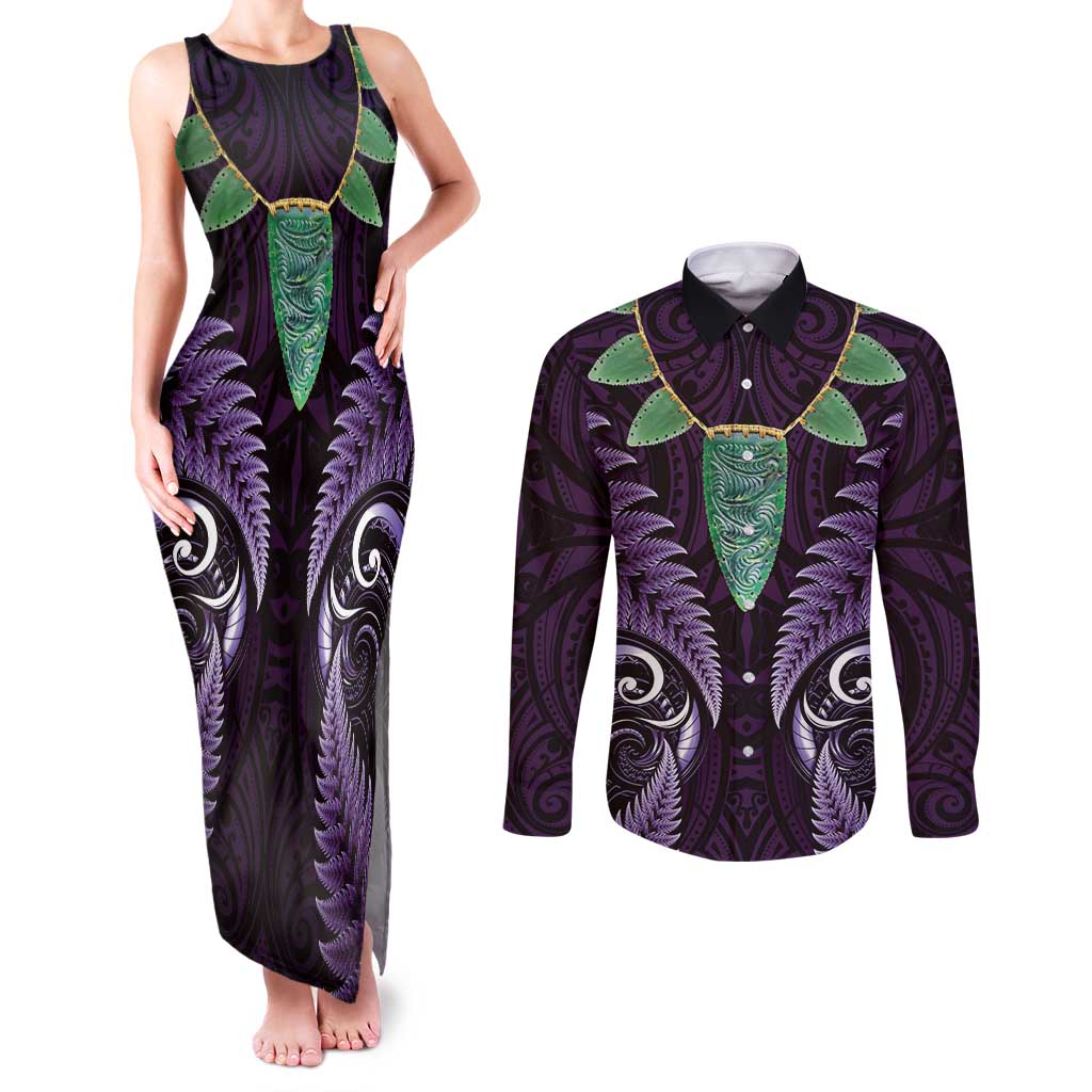 Aotearoa Pounamu Niho Couples Matching Tank Maxi Dress and Long Sleeve Button Shirt Silver Fern Mix Maori Pattern - Purple LT14 Purple - Polynesian Pride