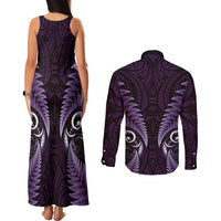 Aotearoa Pounamu Niho Couples Matching Tank Maxi Dress and Long Sleeve Button Shirt Silver Fern Mix Maori Pattern - Purple LT14 - Polynesian Pride