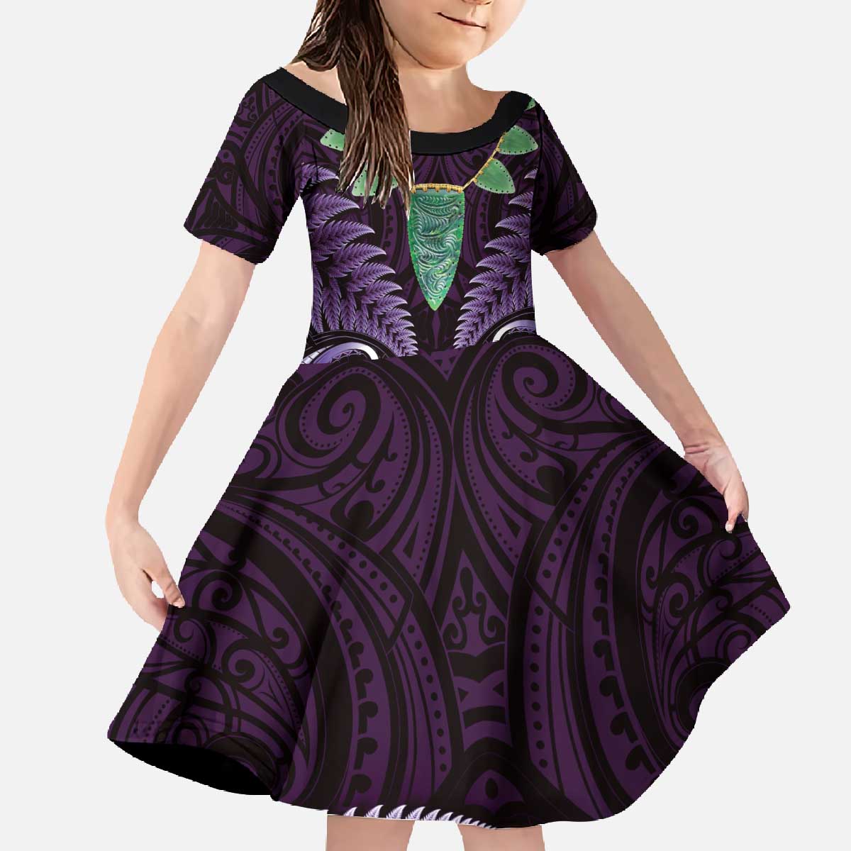 Aotearoa Pounamu Niho Family Matching Off The Shoulder Long Sleeve Dress and Hawaiian Shirt Silver Fern Mix Maori Pattern - Purple LT14 Daughter's Dress Purple - Polynesian Pride