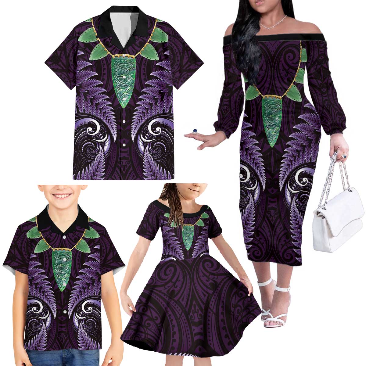 Aotearoa Pounamu Niho Family Matching Off The Shoulder Long Sleeve Dress and Hawaiian Shirt Silver Fern Mix Maori Pattern - Purple LT14 - Polynesian Pride