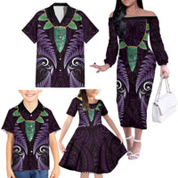 Aotearoa Pounamu Niho Family Matching Off The Shoulder Long Sleeve Dress and Hawaiian Shirt Silver Fern Mix Maori Pattern - Purple LT14 - Polynesian Pride