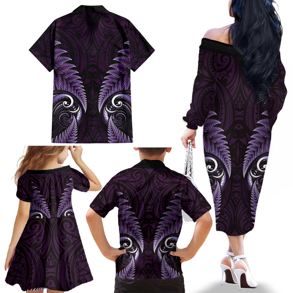 Aotearoa Pounamu Niho Family Matching Off The Shoulder Long Sleeve Dress and Hawaiian Shirt Silver Fern Mix Maori Pattern - Purple LT14 - Polynesian Pride
