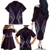 Aotearoa Pounamu Niho Family Matching Off The Shoulder Long Sleeve Dress and Hawaiian Shirt Silver Fern Mix Maori Pattern - Purple LT14 - Polynesian Pride
