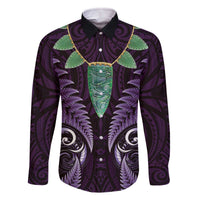 Aotearoa Pounamu Niho Family Matching Off The Shoulder Long Sleeve Dress and Hawaiian Shirt Silver Fern Mix Maori Pattern - Purple LT14 Dad's Shirt - Long Sleeve Purple - Polynesian Pride