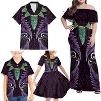 Aotearoa Pounamu Niho Family Matching Off Shoulder Maxi Dress and Hawaiian Shirt Silver Fern Mix Maori Pattern - Purple LT14 - Polynesian Pride