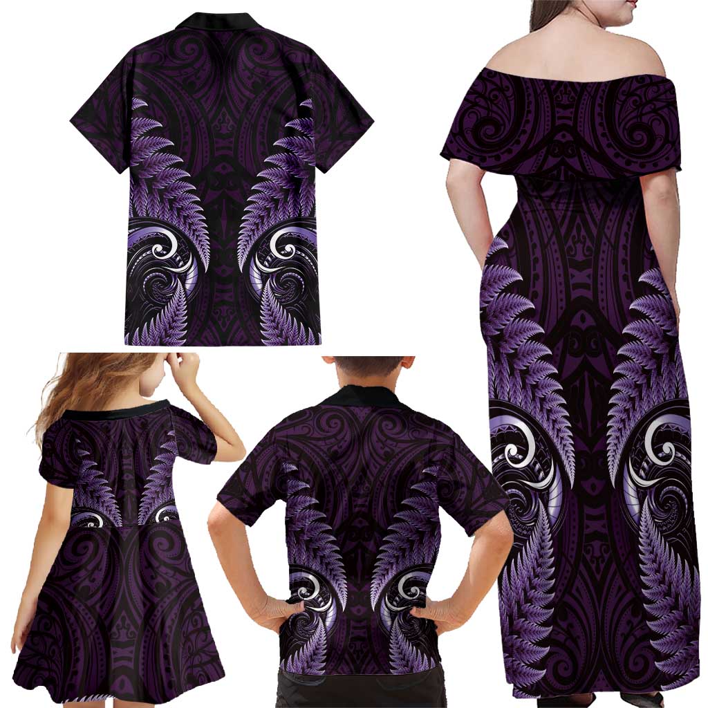 Aotearoa Pounamu Niho Family Matching Off Shoulder Maxi Dress and Hawaiian Shirt Silver Fern Mix Maori Pattern - Purple LT14 - Polynesian Pride