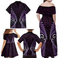 Aotearoa Pounamu Niho Family Matching Off Shoulder Maxi Dress and Hawaiian Shirt Silver Fern Mix Maori Pattern - Purple LT14 - Polynesian Pride