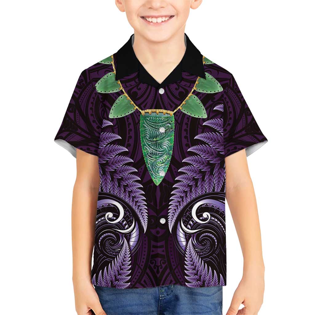 Aotearoa Pounamu Niho Family Matching Off Shoulder Maxi Dress and Hawaiian Shirt Silver Fern Mix Maori Pattern - Purple LT14 Son's Shirt Purple - Polynesian Pride