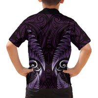 Aotearoa Pounamu Niho Family Matching Off Shoulder Short Dress and Hawaiian Shirt Silver Fern Mix Maori Pattern - Purple LT14 - Polynesian Pride