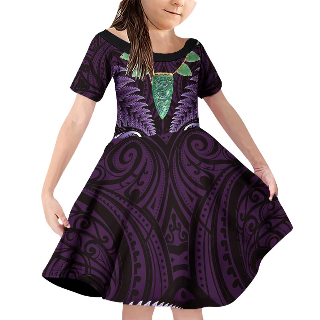 Aotearoa Pounamu Niho Family Matching Off Shoulder Short Dress and Hawaiian Shirt Silver Fern Mix Maori Pattern - Purple LT14 Daughter's Dress Purple - Polynesian Pride