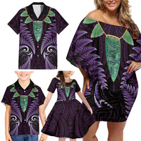 Aotearoa Pounamu Niho Family Matching Off Shoulder Short Dress and Hawaiian Shirt Silver Fern Mix Maori Pattern - Purple LT14 - Polynesian Pride