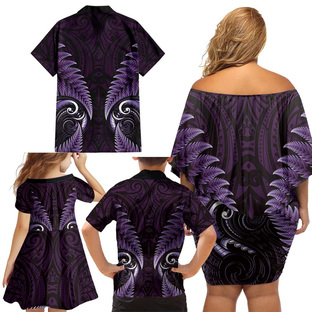Aotearoa Pounamu Niho Family Matching Off Shoulder Short Dress and Hawaiian Shirt Silver Fern Mix Maori Pattern - Purple LT14 - Polynesian Pride