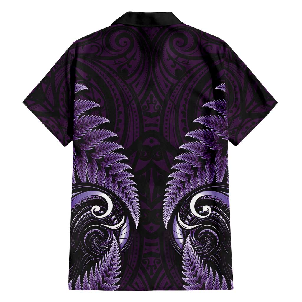 Aotearoa Pounamu Niho Family Matching Off Shoulder Short Dress and Hawaiian Shirt Silver Fern Mix Maori Pattern - Purple LT14 - Polynesian Pride