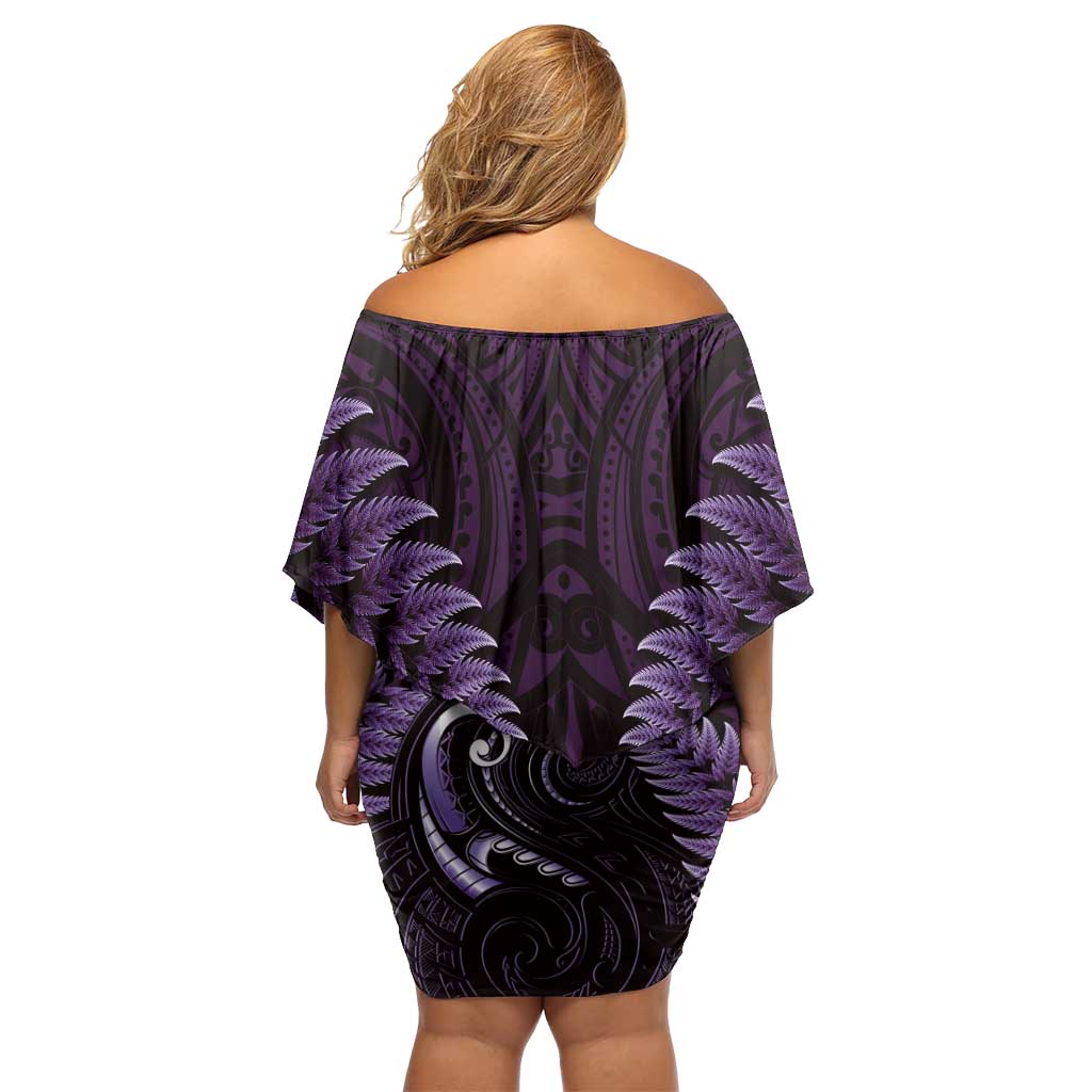 Aotearoa Pounamu Niho Family Matching Off Shoulder Short Dress and Hawaiian Shirt Silver Fern Mix Maori Pattern - Purple LT14 - Polynesian Pride