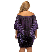 Aotearoa Pounamu Niho Family Matching Off Shoulder Short Dress and Hawaiian Shirt Silver Fern Mix Maori Pattern - Purple LT14 - Polynesian Pride
