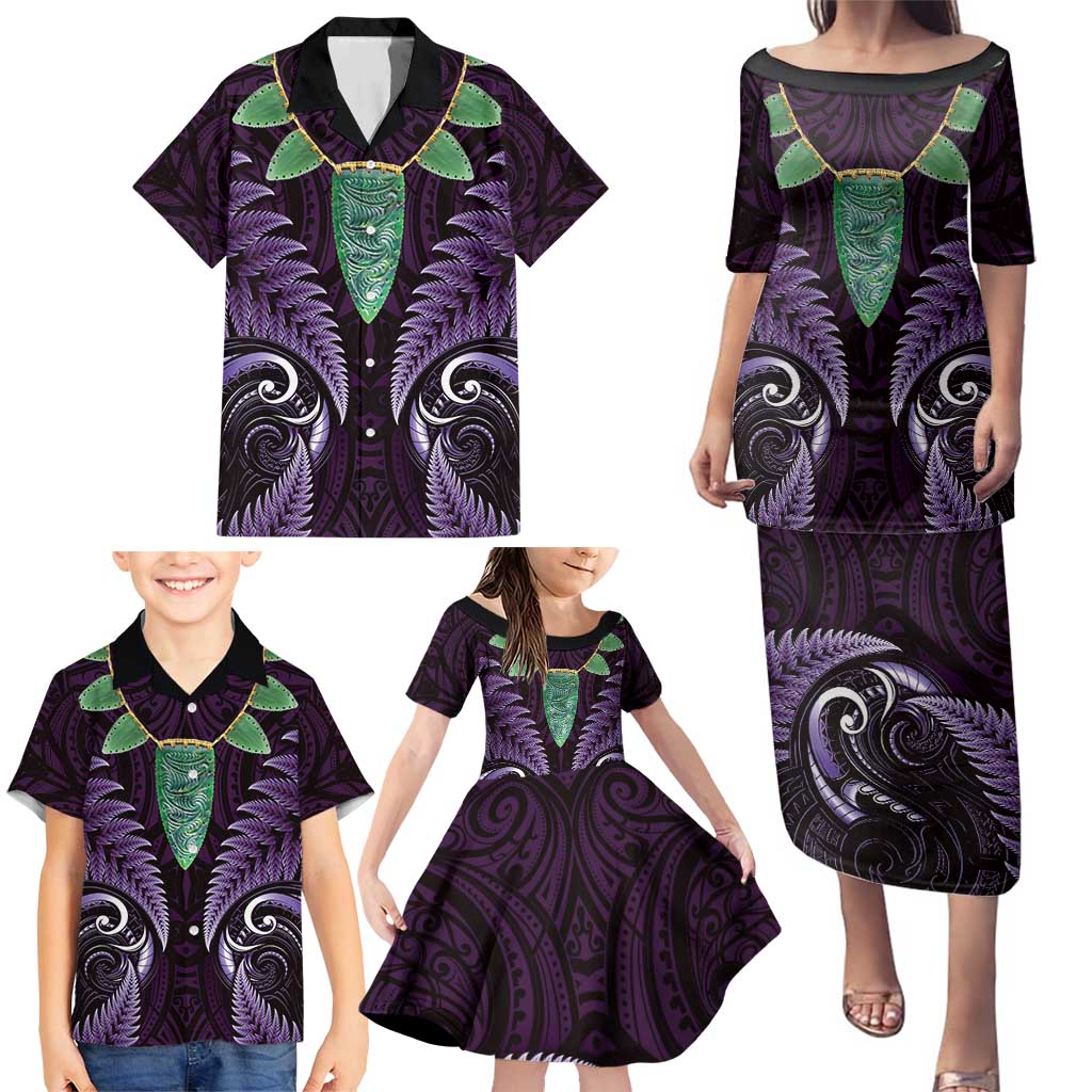 Aotearoa Pounamu Niho Family Matching Puletasi and Hawaiian Shirt Silver Fern Mix Maori Pattern - Purple LT14 - Polynesian Pride