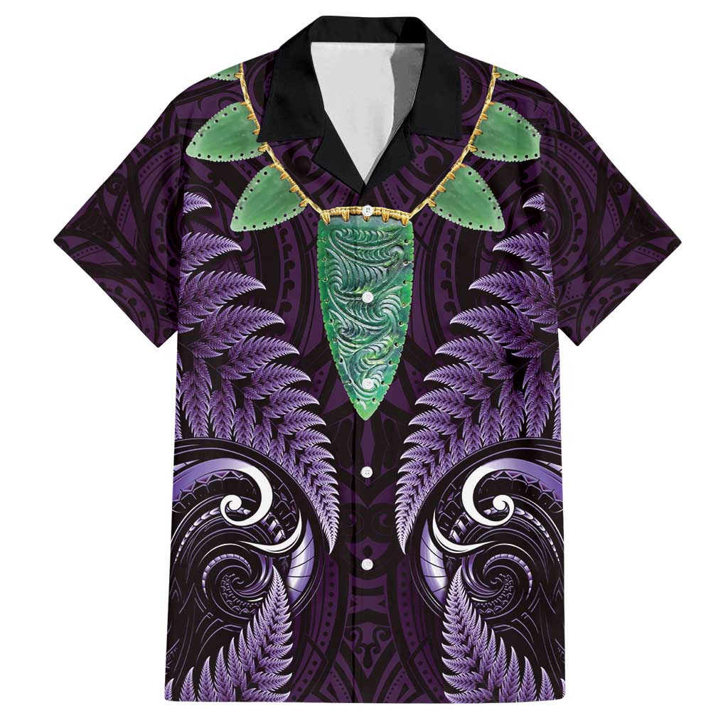 Aotearoa Pounamu Niho Family Matching Puletasi and Hawaiian Shirt Silver Fern Mix Maori Pattern - Purple LT14 Dad's Shirt - Short Sleeve Purple - Polynesian Pride