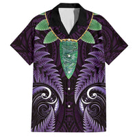 Aotearoa Pounamu Niho Family Matching Puletasi and Hawaiian Shirt Silver Fern Mix Maori Pattern - Purple LT14 Dad's Shirt - Short Sleeve Purple - Polynesian Pride
