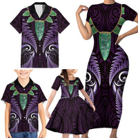 Aotearoa Pounamu Niho Family Matching Short Sleeve Bodycon Dress and Hawaiian Shirt Silver Fern Mix Maori Pattern - Purple LT14 - Polynesian Pride