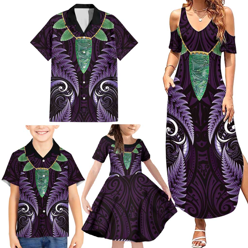 Aotearoa Pounamu Niho Family Matching Summer Maxi Dress and Hawaiian Shirt Silver Fern Mix Maori Pattern - Purple LT14 - Polynesian Pride
