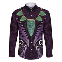 Aotearoa Pounamu Niho Family Matching Summer Maxi Dress and Hawaiian Shirt Silver Fern Mix Maori Pattern - Purple LT14 Dad's Shirt - Long Sleeve Purple - Polynesian Pride