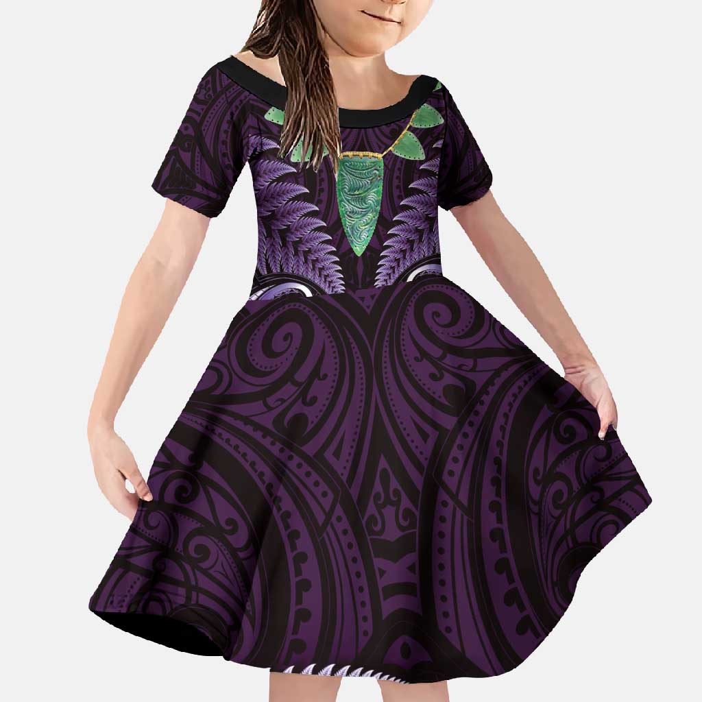 Aotearoa Pounamu Niho Family Matching Tank Maxi Dress and Hawaiian Shirt Silver Fern Mix Maori Pattern - Purple LT14 Daughter's Dress Purple - Polynesian Pride