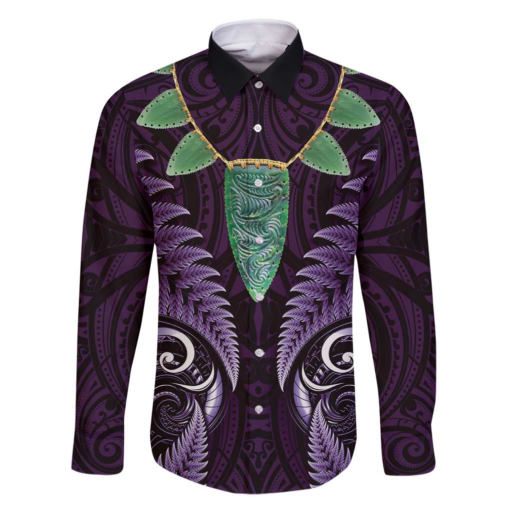 Aotearoa Pounamu Niho Family Matching Tank Maxi Dress and Hawaiian Shirt Silver Fern Mix Maori Pattern - Purple LT14 Dad's Shirt - Long Sleeve Purple - Polynesian Pride