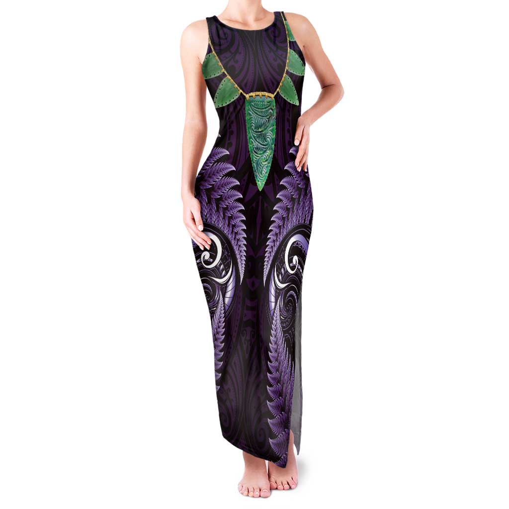 Aotearoa Pounamu Niho Family Matching Tank Maxi Dress and Hawaiian Shirt Silver Fern Mix Maori Pattern - Purple LT14 Mom's Dress Purple - Polynesian Pride
