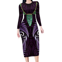 Aotearoa Pounamu Niho Long Sleeve Bodycon Dress Silver Fern Mix Maori Pattern - Purple LT14 Long Dress Purple - Polynesian Pride