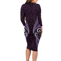Aotearoa Pounamu Niho Long Sleeve Bodycon Dress Silver Fern Mix Maori Pattern - Purple LT14 - Polynesian Pride