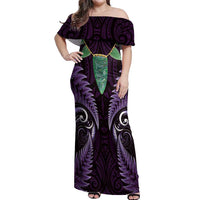 Aotearoa Pounamu Niho Off Shoulder Maxi Dress Silver Fern Mix Maori Pattern - Purple