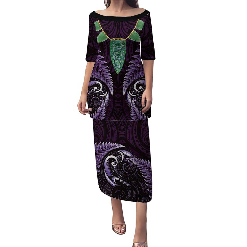 Aotearoa Pounamu Niho Puletasi Silver Fern Mix Maori Pattern - Purple LT14 Long Dress Purple - Polynesian Pride