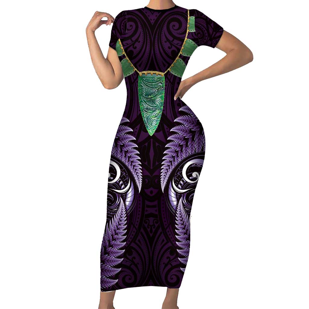 Aotearoa Pounamu Niho Short Sleeve Bodycon Dress Silver Fern Mix Maori Pattern - Purple LT14 Long Dress Purple - Polynesian Pride