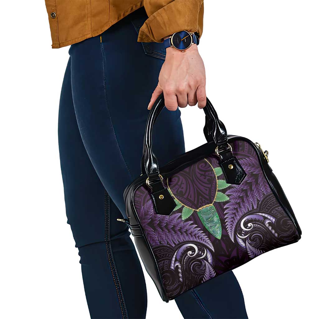 Aotearoa Pounamu Niho Shoulder Handbag Silver Fern Mix Maori Pattern - Purple