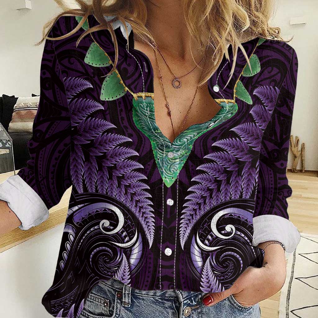 Aotearoa Pounamu Niho Women Casual Shirt Silver Fern Mix Maori Pattern - Purple LT14 Female Purple - Polynesian Pride