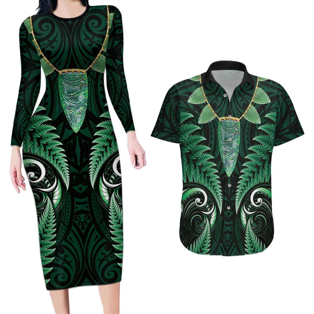 Aotearoa Pounamu Niho Couples Matching Long Sleeve Bodycon Dress and Hawaiian Shirt Silver Fern Mix Maori Pattern - Green LT14 Green - Polynesian Pride