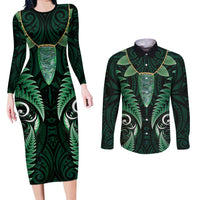Aotearoa Pounamu Niho Couples Matching Long Sleeve Bodycon Dress and Long Sleeve Button Shirt Silver Fern Mix Maori Pattern - Green LT14 Green - Polynesian Pride