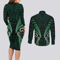 Aotearoa Pounamu Niho Couples Matching Long Sleeve Bodycon Dress and Long Sleeve Button Shirt Silver Fern Mix Maori Pattern - Green LT14 - Polynesian Pride