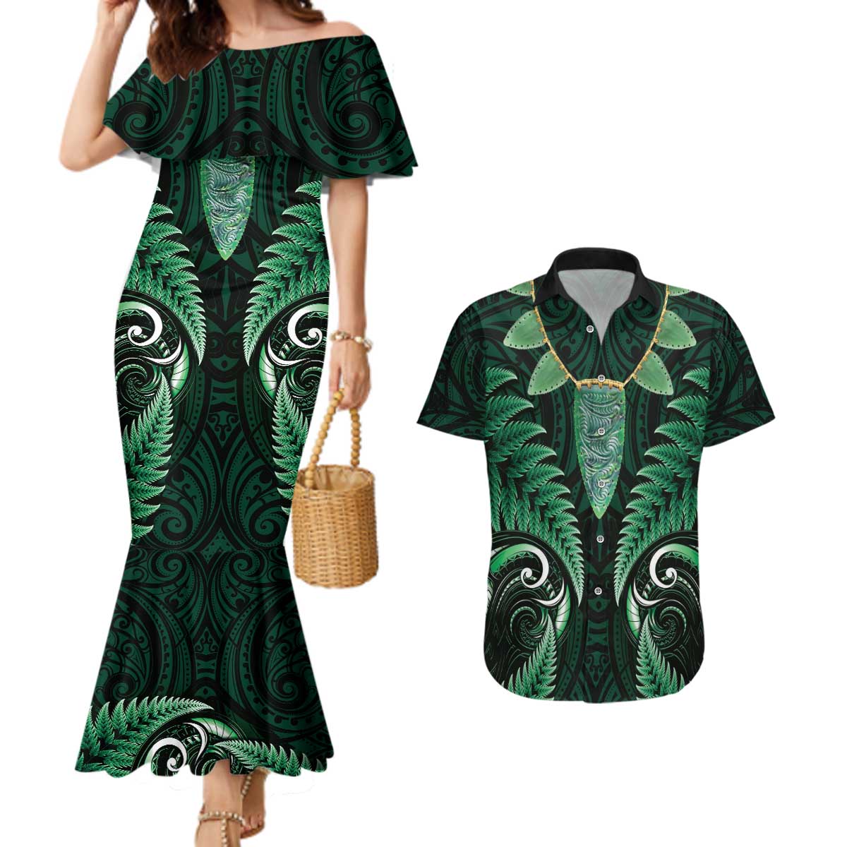 Aotearoa Pounamu Niho Couples Matching Mermaid Dress and Hawaiian Shirt Silver Fern Mix Maori Pattern - Green LT14 Green - Polynesian Pride