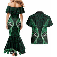 Aotearoa Pounamu Niho Couples Matching Mermaid Dress and Hawaiian Shirt Silver Fern Mix Maori Pattern - Green LT14 - Polynesian Pride