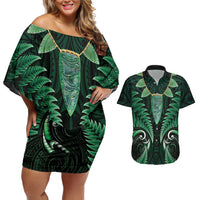 Aotearoa Pounamu Niho Couples Matching Off Shoulder Short Dress and Hawaiian Shirt Silver Fern Mix Maori Pattern - Green LT14 Green - Polynesian Pride