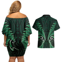 Aotearoa Pounamu Niho Couples Matching Off Shoulder Short Dress and Hawaiian Shirt Silver Fern Mix Maori Pattern - Green LT14 - Polynesian Pride