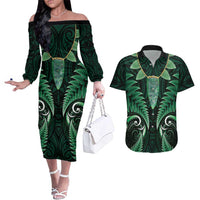 Aotearoa Pounamu Niho Couples Matching Off The Shoulder Long Sleeve Dress and Hawaiian Shirt Silver Fern Mix Maori Pattern - Green LT14 Green - Polynesian Pride