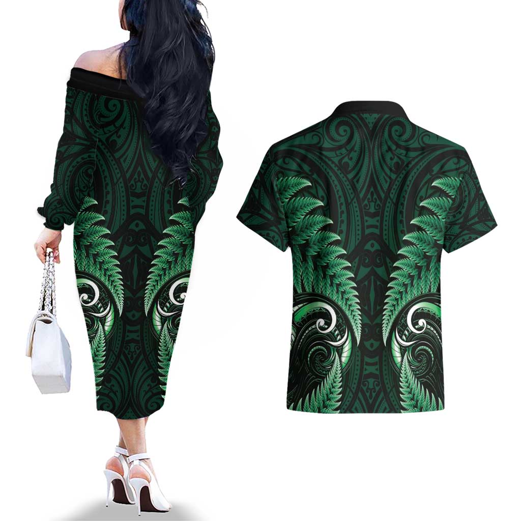 Aotearoa Pounamu Niho Couples Matching Off The Shoulder Long Sleeve Dress and Hawaiian Shirt Silver Fern Mix Maori Pattern - Green LT14 - Polynesian Pride