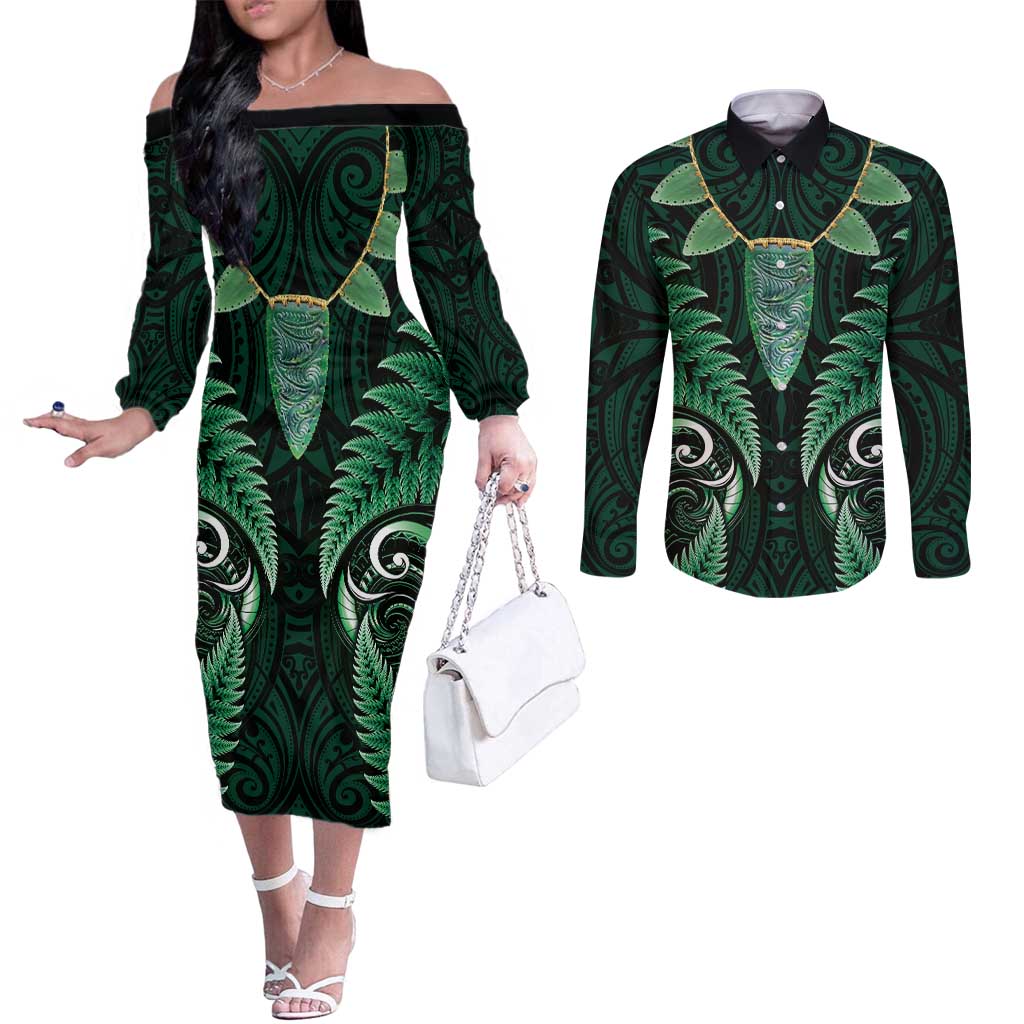 Aotearoa Pounamu Niho Couples Matching Off The Shoulder Long Sleeve Dress and Long Sleeve Button Shirt Silver Fern Mix Maori Pattern - Green LT14 Green - Polynesian Pride