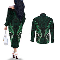 Aotearoa Pounamu Niho Couples Matching Off The Shoulder Long Sleeve Dress and Long Sleeve Button Shirt Silver Fern Mix Maori Pattern - Green LT14 - Polynesian Pride