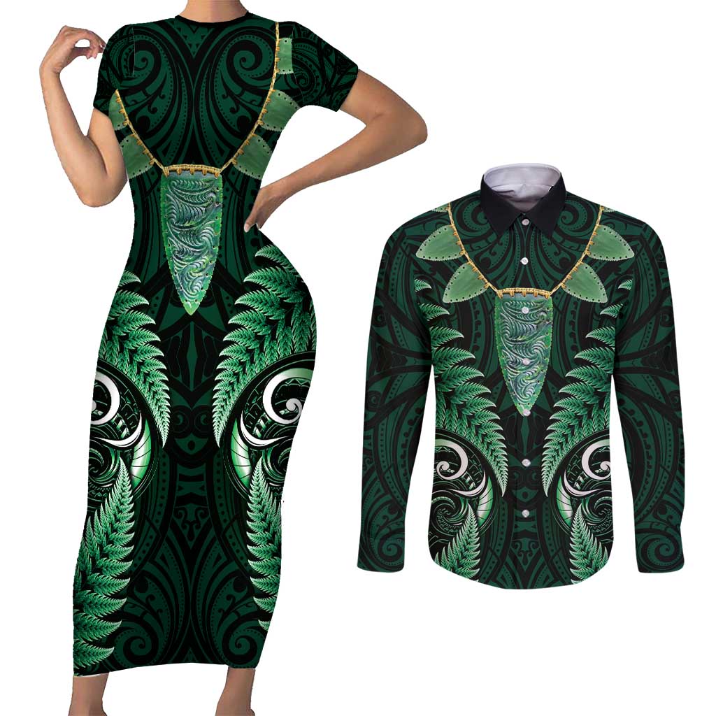 Aotearoa Pounamu Niho Couples Matching Short Sleeve Bodycon Dress and Long Sleeve Button Shirt Silver Fern Mix Maori Pattern - Green LT14 Green - Polynesian Pride