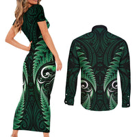 Aotearoa Pounamu Niho Couples Matching Short Sleeve Bodycon Dress and Long Sleeve Button Shirt Silver Fern Mix Maori Pattern - Green LT14 - Polynesian Pride